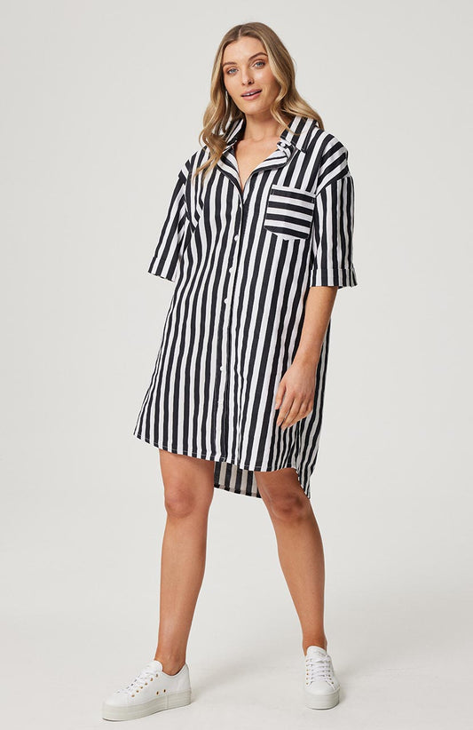 Clare Shirt Dress - Black / White Stripe