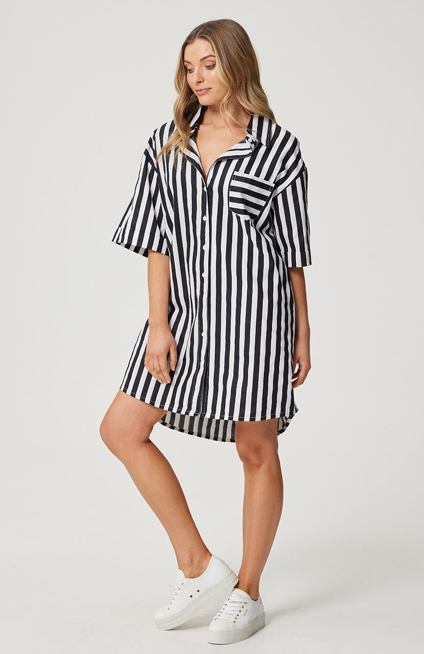 Clare Shirt Dress - Black / White Stripe
